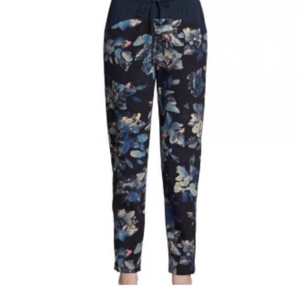 Rebecca Taylor Silk Floral Jogger Pants - Black and Blue